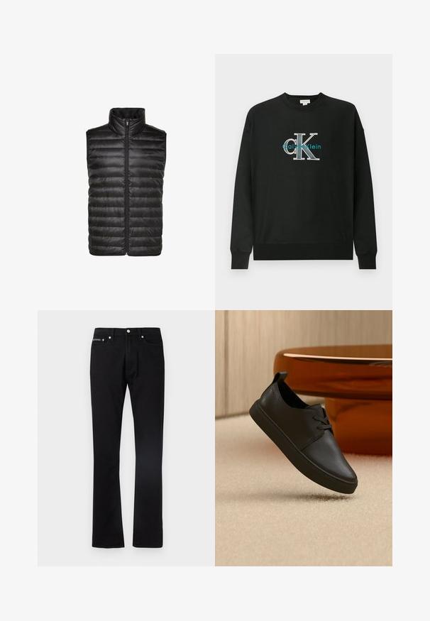 Zwart puffy vest met hoge kraag, voorzien van een doorgestikt patroon, een rits aan de voorkant en zonder mouwen. Gemaakt van glanzend, lichtgewicht materiaal.; Zwarte sweatshirts gemaakt van katoen, met een ronde hals, lange mouwen en een grafisch logo "CK" in wit en teal op de borst.; Zwarte rechte spijkerbroek met vijf zakken en een knoopsluiting, plat weergegeven tegen een witte achtergrond.; Zwarte leren casual sneaker met veters, zwevend boven een beige tapijt, met een amberen glazen ronde tafel op de achtergrond.