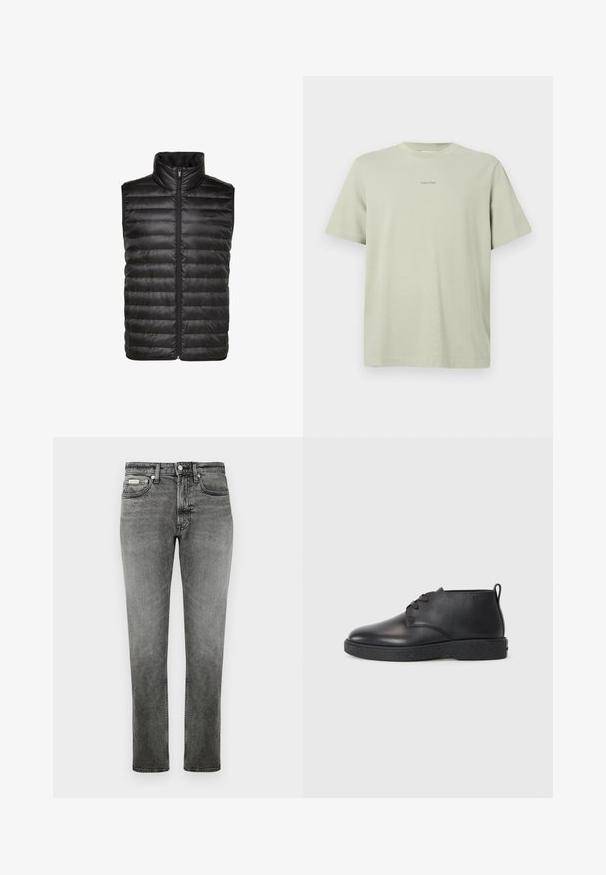 Zwart puffy vest met hoge kraag, voorzien van een doorgestikt patroon, een rits aan de voorkant en zonder mouwen. Gemaakt van glanzend, lichtgewicht materiaal.; Lichtgroene katoenen t-shirt met een ronde hals, korte mouwen en een klein Calvin Klein-logo in een donkerdere tint gedrukt op de borst.; Rechtersnit grijze denim jeans met voorzakken, riemlussen, knoopsluiting en subtiele vervaagde details.; Zwarte leren enkelboots met een gladde textuur, ronde neus en zwarte rubberen zool. Voorzien van een vetersluiting en een hielbandje voor eenvoudig aan- en uittrekken.