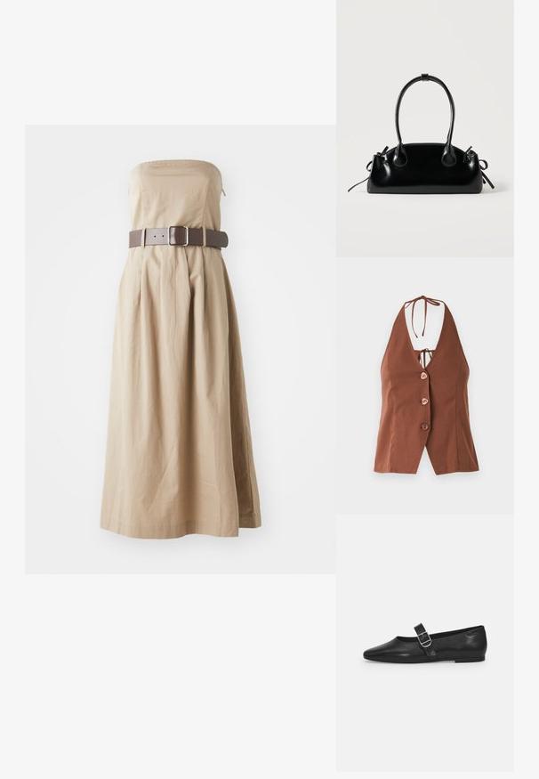 Bruine haltertop met een diepe V-hals, voorzien van vier roze knopen en een striksluiting bij de hals. Gladde stof met een getailleerde pasvorm.; Maatloos beige maxi-jurk met een getailleerde bodice, geplooide rok en brede bruine riem met vierkante gesp. Gemaakt van lichtgewicht stof.; Zwarte leren platte schoen met een ronde neus, een enkele verstelbare gespsluiting en een gladde, glanzende textuur. Minimalistisch ontwerp met een lage hak.; Kleine zwarte glanzende handtas met twee lange hengsels en zijkant trekkoord details op een effen lichte achtergrond.
