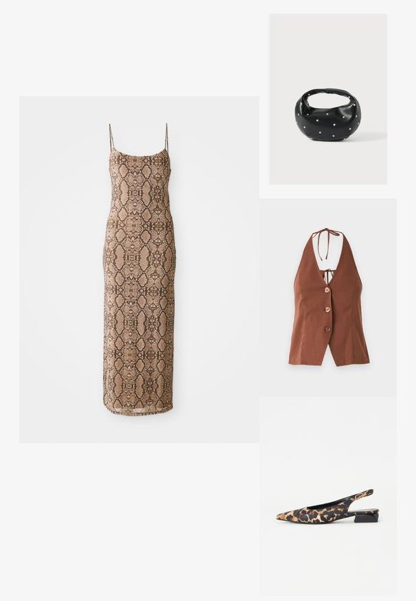 Top marrón de estilo halter con un profundo escote en V, que presenta cuatro botones rosas y un cierre de lazo en el cuello. Tela suave con una silueta ajustada.; Vestido sin mangas, ajustado, con un estampado de serpiente texturizado en tonos marrones, que llega hasta la mitad de la pantorrilla. Diseño simple sobre un fondo blanco.; Zapato slingback de estampado de leopardo con punta afilada, patrón de colores negro y marrón, textura suave y un tacón bajo de bloque. Detalle de hebilla ajustable.; Bolso de mano de cuero negro con forma redondeada, decorado con detalles de tachuelas plateadas y un asa corta. Textura lisa y cierre con cremallera.