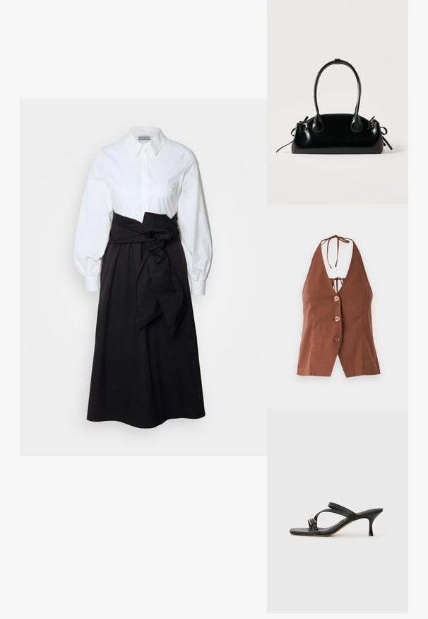 Haut de style halter marron avec un décolleté en V profond, comportant quatre boutons roses et une fermeture à nouer au cou. Tissu lisse avec une silhouette ajustée.; Chemisier blanc à manches bouffantes longues, associé à une jupe noire et une ceinture en tissu nouée à la taille, fabriqué en coton lisse.; Sandales à talons noirs avec un bout carré, deux brides croisées, accent de boucle dorée et un fin talon haut. Texture en cuir lisse.; Petit sac à main noir brillant avec deux longues anses et des détails à cordon sur les côtés sur un fond clair uni.