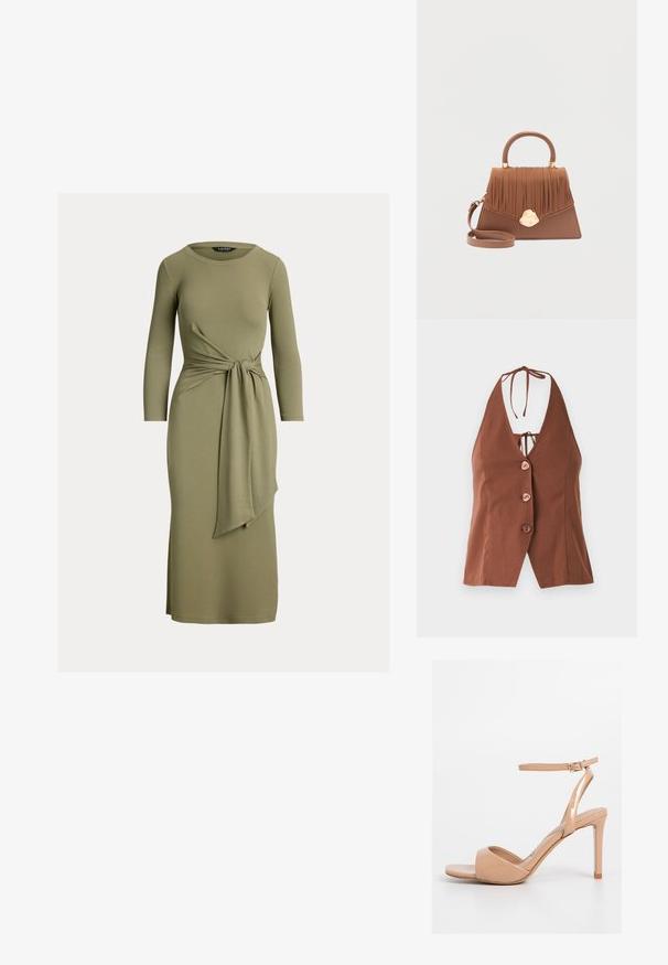 Top marrón de estilo halter con un profundo escote en V, que presenta cuatro botones rosas y un cierre de lazo en el cuello. Tela suave con una silueta ajustada.; Vestido midi verde oliva de manga larga con escote redondo y detalle de tela anudada en la cintura.; Sandal de tacón alto de charol color nude, con punta abierta, correa de tobillo ajustable con hebilla dorada, tacón stilettos delgado, acabado suave.; Bolso de mano de cuero marrón con solapa plisada, cierre dorado, asa superior redondeada y correa de hombro desmontable sobre fondo blanco.