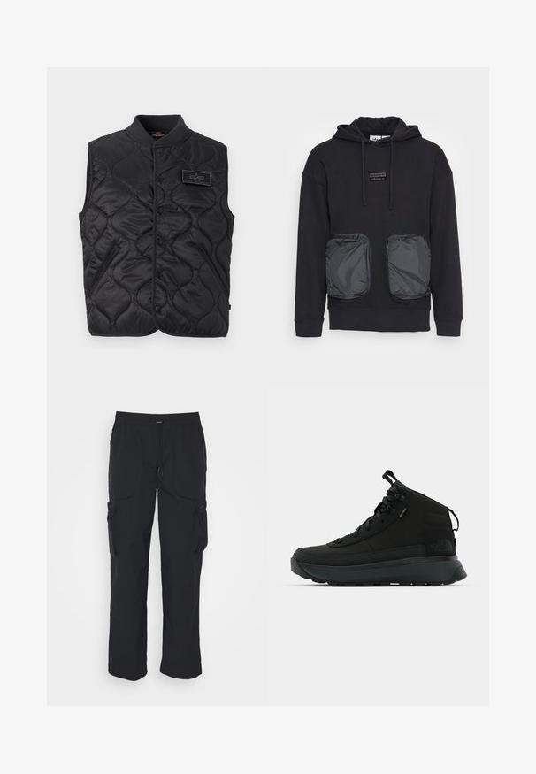 Veste sans manches matelassée noire avec boutons-pression, col côtelé, deux poches avant et une petite pièce rectangulaire sur la poitrine.; Sweat à capuche noir à coupe décontractée, avec deux grandes poches zippées en matériau brillant à l'avant. Petite écusson logo au-dessus des poches.; Pantalons cargo noirs en tissu tissé. Dotés d'une taille réglable, de poches latérales et de deux poches utilitaires avec zips.; Bottes de randonnée mi-hautes noires avec une tige en tissu texturé, un embout renforcé, un système de laçage sécurisé et une semelle rembourrée pour une meilleure traction.