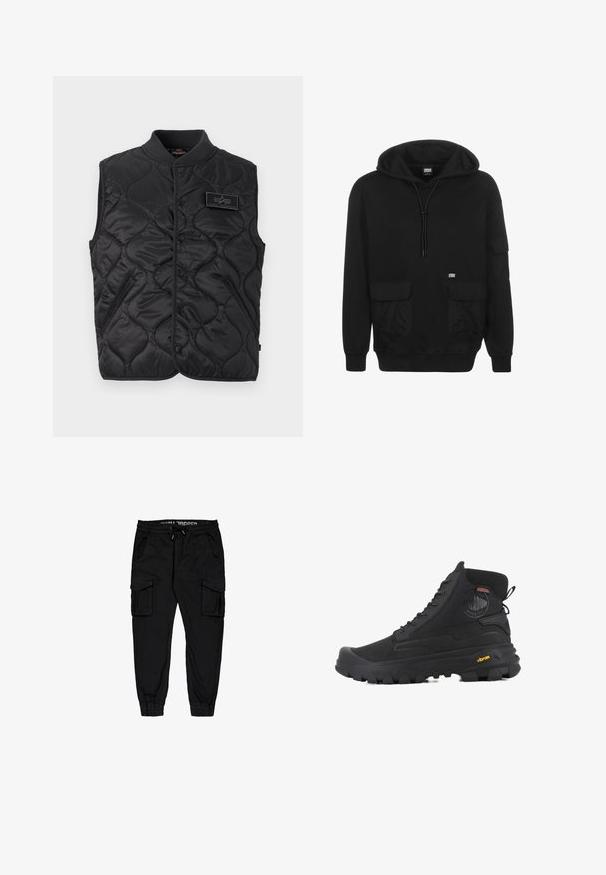 Veste sans manches matelassée noire avec boutons-pression, col côtelé, deux poches avant et une petite pièce rectangulaire sur la poitrine.; Sweat à capuche noir avec cordons de serrage à l'avant, deux poches avant à rabat, une poche sur la manche et poignets et ourlet côtelés.; Pantalons cargo noirs en tissu léger, dotés d'une taille élastique, d'un cordon de serrage et de plusieurs poches latérales avec des poignets fuselés.; Baskets montantes noires avec une surface texturée, dotées d'un design imperméable, d'un système de laçage et d'une semelle en caoutchouc proéminente avec la marque Vibram.