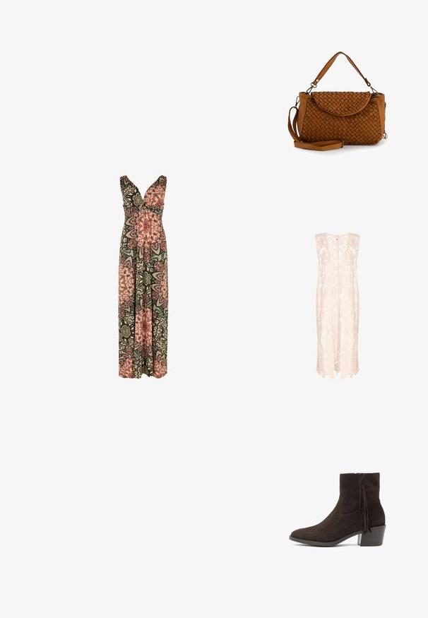 Gebreide vest in lichtbeige met een kanten patroon, met een losse silhouet, een diepe halslijn en een gegolfde zoom voor een luchtige uitstraling.; Maxi-jurk met een diepe V-hals, bloemenpatronen in roze, groen en wit op een donkere achtergrond, mouwloos ontwerp en vloeiende stof.; Donkerbruine suède enkellaars met blokhak en kwastdetail aan de zijkant, met een puntige neus en een zijrits.; Bruine leren handtas met een geweven textuur, klepsluiting, korte handgreep en afneembare lange schouderriem op een witte achtergrond.