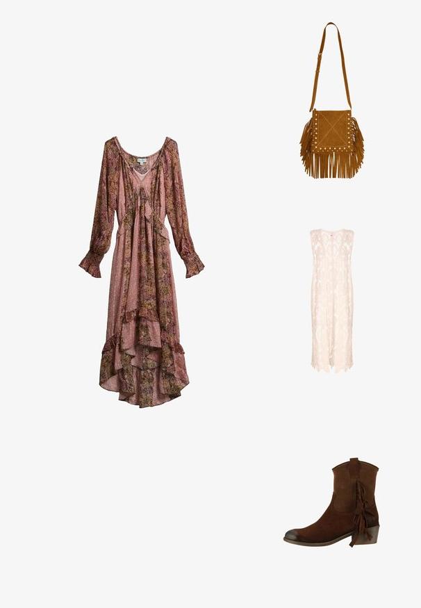 Strikket vest i lys beige med et blonde mønster, der har en løs silhuet, dyb udskæring og en bølget kant for et luftigt udseende.; Langærmet lyserød og brun blomsterkjole med flæsekant, V-udskæring og indsamlede manchetter, lavet af letvægtsstof.; Brun ruskind ankelstøvle med lav stakket hæl, perforeret overdel og frynse-detalje på siden.; Brun ruskind skuldertaske med lange frynser på siderne og bunden, dekoreret med små metalnitter langs de forreste kanter.