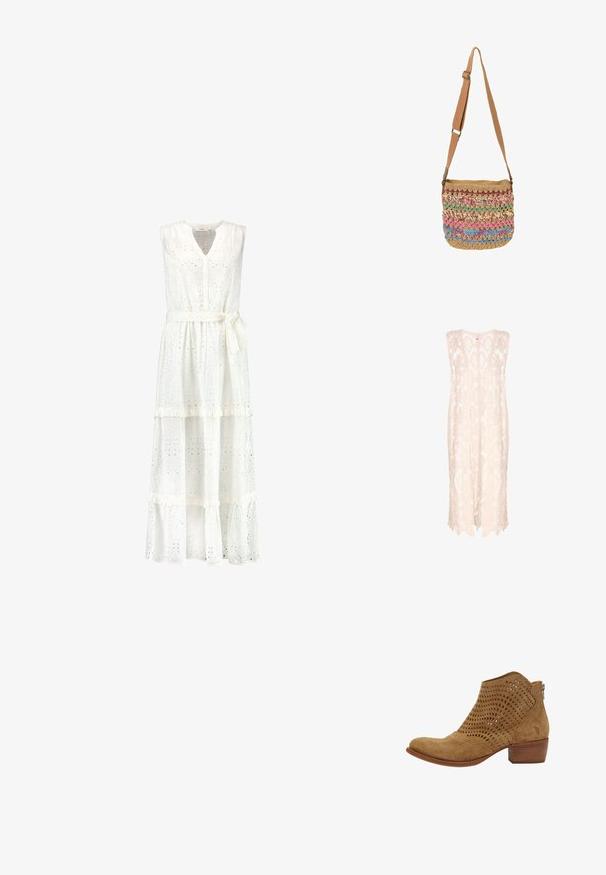 Chaleco de punto en color beige claro con un patrón de encaje, que presenta una silueta holgada, escote profundo y un dobladillo con forma de ondas para un aspecto aireado.; Vestido blanco sin mangas con escote en V, bordado de ojal, diseño en capas y un cinturón de tela atado a la cintura. Tela suave y texturizada.; Felmini Botines camperos - marvin stone; Bolso bandolera tejido a mano con correa ajustable color tostado, con franjas multicolores de hilo en rosa, azul, verde y beige.