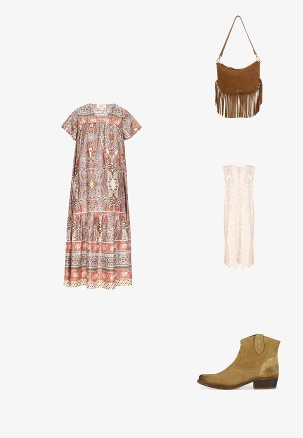 Gebreide vest in lichtbeige met een kanten patroon, met een losse silhouet, een diepe halslijn en een gegolfde zoom voor een luchtige uitstraling.; Maxi-jurk van lichtgewicht stof met een paisleypatroon in tinten van oranje, beige en bruin, met een gelaagd ontwerp en korte mouwen.; Tan suède enkellaarsjes met een puntneus, decoratieve stiksels en een gestapeld houten hak. Voorzien van een trekhaak voor eenvoudig aan- en uittrekken.; Bruine suède schoudertas met een franjesdetail aan de onderkant, gebogen vorm, gouden logo aan de voorkant en een verstelbare band.