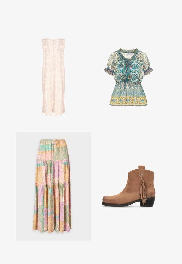 Strikket vest i lys beige med et blonde mønster, der har en løs silhuet, dyb udskæring og en bølget kant for et luftigt udseende.; Let fyrst blouse i multicolor blomstermønster. Har en samlet halsudskæring, korte puffærmer med bølgede kanter og en indsnævret talje.; Lang lagdelt nederdel med snøre i taljen, med pastelblokke i gul, pink, lilla og grøn med blomsterprint.; Brun ruskindsankelstøvle med en kort blokhæle, scalloped kanter og en dekorativ kvastdetalje. Glat tekstur, rundet tådesign.