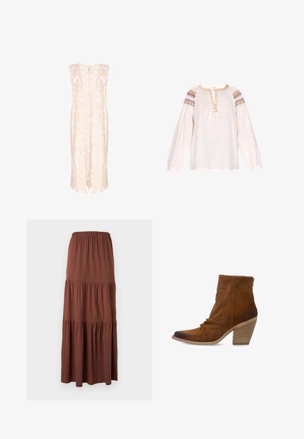 Strikket vest i lys beige med et blonde mønster, der har en løs silhuet, dyb udskæring og en bølget kant for et luftigt udseende.; Hvid bluse lavet af et letvægts, struktureret stof. Har en rund halsudskæring, elastiske lange ærmer og farverige broderede detaljer på skuldrene.; Brun maxinederdel nederdel med elastisk linning, lavet af blødt, let stof, hængende fladt mod en hvid baggrund.; Brun ruskind ankellang støvle med stablet træblok hæl, lynlås i siden og tekstureret perforeret mønster foran og på siderne.