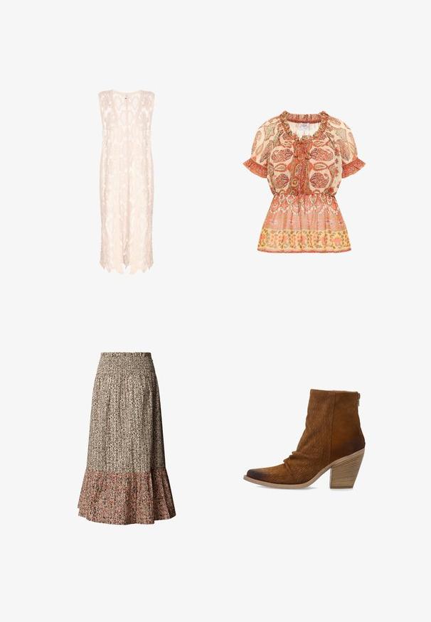 Strikket vest i lys beige med et blonde mønster, der har en løs silhuet, dyb udskæring og en bølget kant for et luftigt udseende.; Bluse med en samlet halsudskæring og korte ærmer; har et blomster-paisley mønster i orange, hvidt og guldtoner, med en indsnævret talje.; Midi nederdel med høj talje og smocket linning, beige og brun geometrisk mønstret øverste del og lyserød blomsterprint med flæsekant.; Brun ruskind ankellang støvle med stablet træblok hæl, lynlås i siden og tekstureret perforeret mønster foran og på siderne.