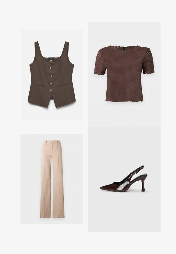 Gilet marron sans manches avec un col carré, cinq boutons sur le devant et deux poches fendues horizontales sur fond blanc.; Haut brun en maille texturée à manches courtes avec des bords festonnés et un col rond, présenté sur un fond uni.; Pantalon large taille haute beige avec coutures avant, passants de ceinture et fermeture éclair, sur un fond uni.; Talons slingback en cuir verni brun avec un bout pointu, un talon fin, et une sangle réglable avec une petite boucle.