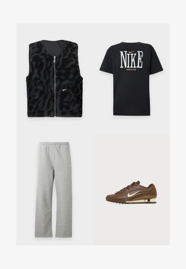 Zwart fleece vest met een ritssluiting aan de voorkant, voorzien van een textuur en een dierenprint ontwerp en een klein wit Nike-logo aan de linkerkant.; Zwarte Nike T-shirt met korte mouwen, grote witte "NIKE" tekst, kleine gouden Nike Swoosh erboven en de tekst "SPORTS CLUB" onder het logo.; Lichtgrijze joggingbroek met elastische tailleband en een klein wit Nike-logo op het bovenbeen, plat liggend tegen een witte achtergrond.; Bruine Nike sneaker met golvend ontwerp, crèmekleurige Nike-swoosh, gestructureerde zool en zichtbare lucht demping in de hiel.