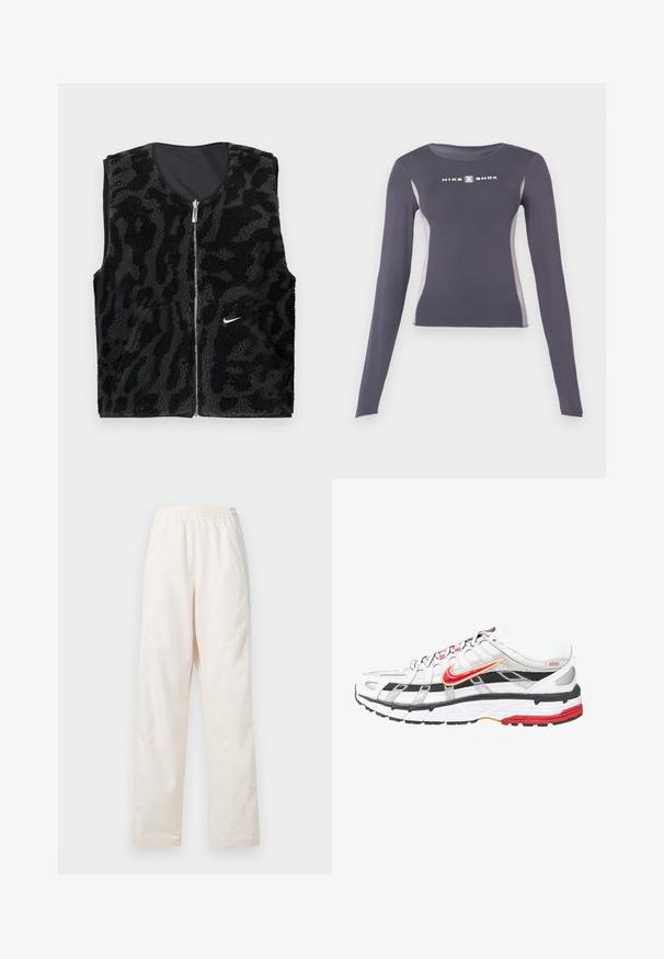 Sort fleece vest med lynlås foran, der har et tekstureret dyreprintdesign og et lille hvidt Nike-logo på venstre side.; Mørkegrå langærmet tætsiddende atletiktrøje med lysegrå sidepaneler og hvidt "Nike Shox" logo på brystet.; Løse, cremefarvede bukser med elastisk talje og lige ben, vist mod en ensfarvet hvid baggrund.; Hvide og sorte atletiske sko med røde og gyldne accenter. Har en mesh-overdel, polstret sål og et sikkert snøredesign.