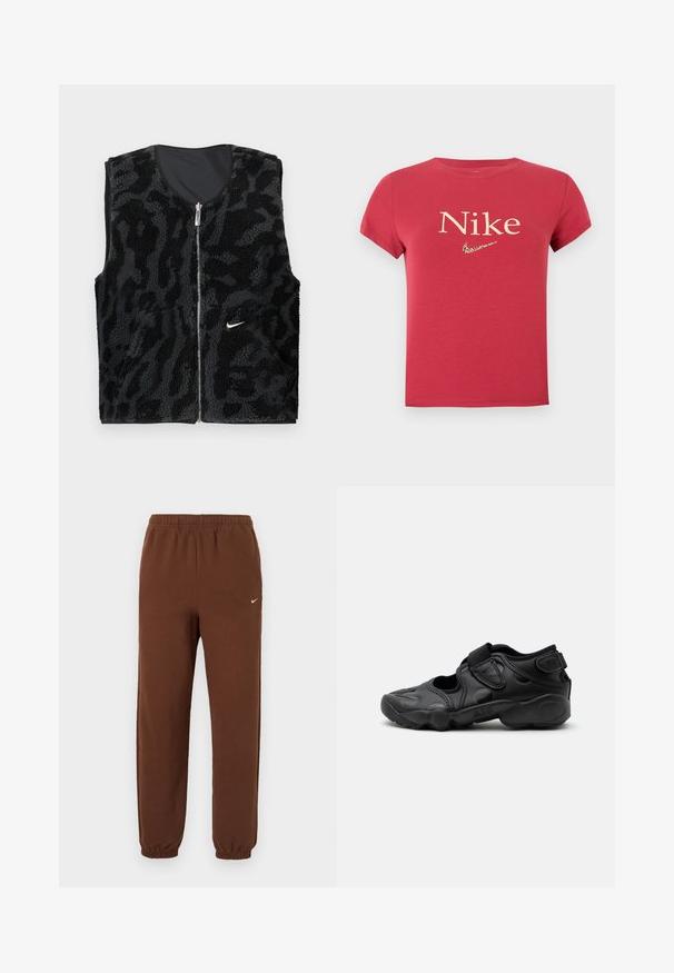 Sort fleece vest med lynlås foran, der har et tekstureret dyreprintdesign og et lille hvidt Nike-logo på venstre side.; Rød t-shirt med korte ærmer med "Nike" tekst og et lille leopardmønstret Nike swoosh-logo centreret på brystet.; Brune Nike træningsbukser med elastisk talje og manchetter, med et lille hvidt Nike-swoosh på øverste venstre ben.; Sort atletisk sandal med lukket tå, velcro stropper ved mellemfoden og hælen samt tyk polstret sål markeret med "AIR" på siden.