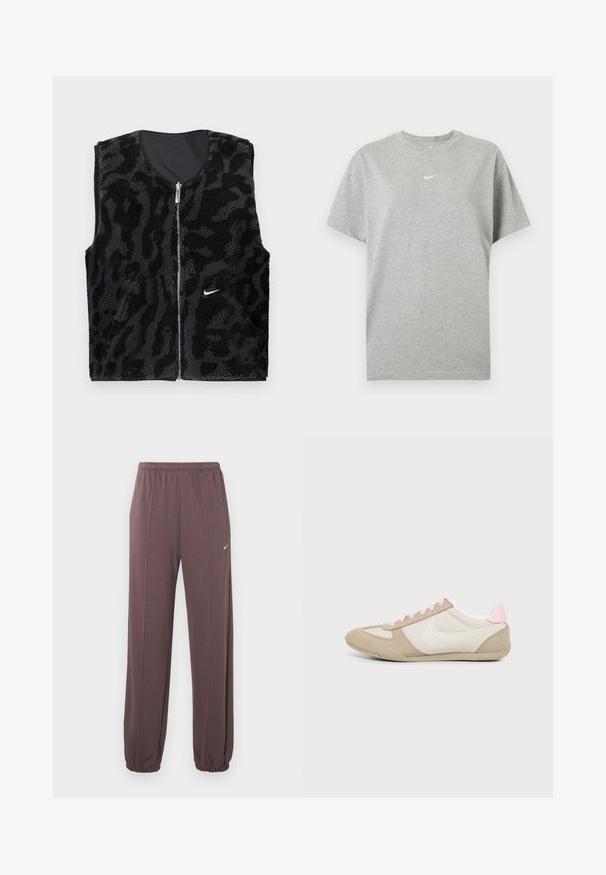 Gilet en polaire noir avec fermeture éclair à l'avant, présentant un design texturé imprimé animal et un petit logo Nike blanc sur le côté gauche.; T-shirt gris en coton à manches courtes avec col rond et petit logo Nike swoosh blanc centré sur la poitrine.; Pantalons de survêtement bruns à taille élastique avec des coutures latérales, des poignets élastiques et un petit logo Nike blanc en haut de la cuisse gauche.; Baskets profil bas beige et blanc avec des accents et lacets roses, avec un grand logo swoosh blanc sur le côté.