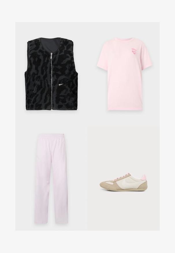Zwart fleece vest met een ritssluiting aan de voorkant, voorzien van een textuur en een dierenprint ontwerp en een klein wit Nike-logo aan de linkerkant.; Lichtroze T-shirt met korte mouwen, voorzien van een klein roze hartje en de tekst "To You Love Nike" op de linkerborst, tegen een effen achtergrond.; Lichtroze Nike sportbroek met elastische tailleband, rechte pijpen en subtiele witte Nike swoosh-logo op de linker bovenbeen.; Lage beige-witte sneaker met roze accenten en veters, met een groot wit swoosh-logo aan de zijkant.