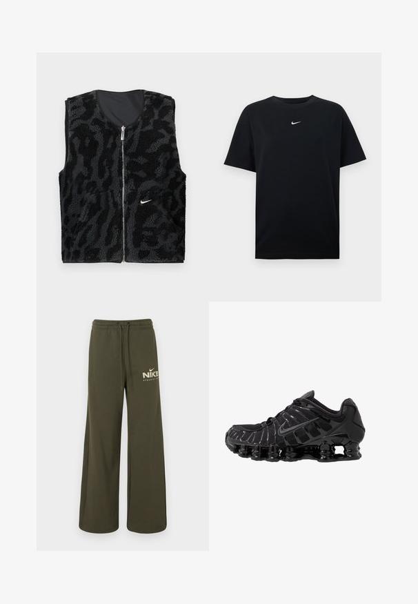 Zwart fleece vest met een ritssluiting aan de voorkant, voorzien van een textuur en een dierenprint ontwerp en een klein wit Nike-logo aan de linkerkant.; Zwart katoenen T-shirt met een ronde hals en korte mouwen. Voorzien van een klein wit Nike-logo in het midden van de borst. Gladde textuur.; Olijfgroene sweatpants met wijde pijpen, elastische tailleband en trekkoorden, met wit "Nike Athletic Club"-logo op de linkerdij.; Zwarte sportieve schoen met mesh-bovenwerk en glanzende overlays. Bevat afgeronde spoelvering en textuur lijnen aan de zijkant. Nike-logo zichtbaar.