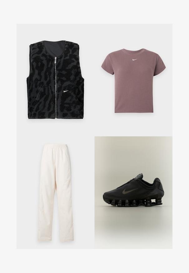 Gilet en polaire noir avec fermeture éclair à l'avant, présentant un design texturé imprimé animal et un petit logo Nike blanc sur le côté gauche.; Top court à manches courtes en ribbed mauve avec un col rond et un petit logo Nike blanc centré sous le col.; Pantalon couleur crème à taille élastique et coupe droite, de coupe ample, présenté sur un fond blanc uni.; Baskets Nike noires avec tige zippée et semelle segmentée distinctive en forme de ressort, présentées de profil sur un fond neutre.
