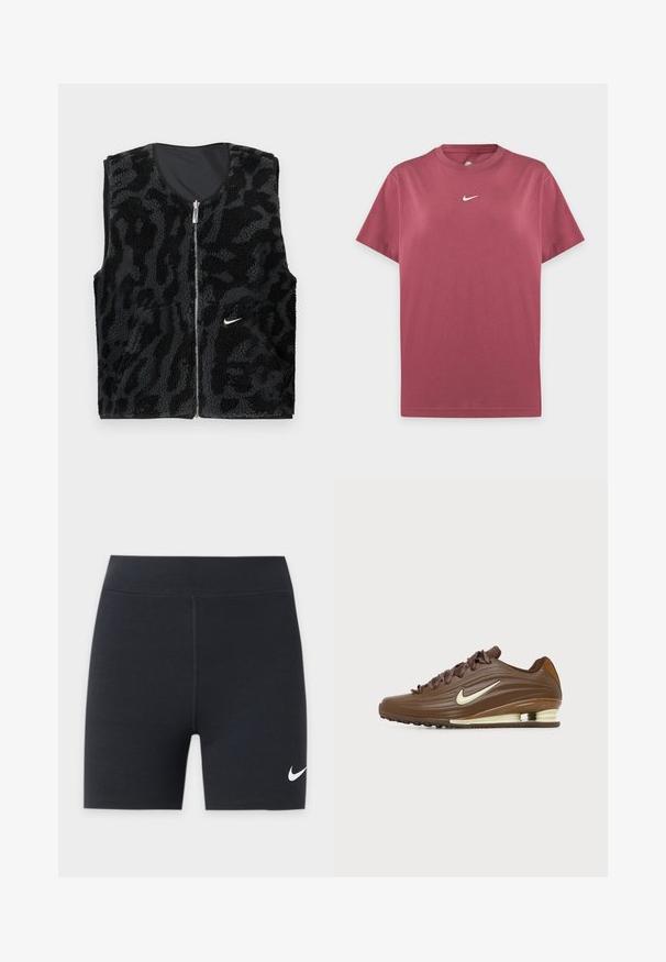 Sort fleece vest med lynlås foran, der har et tekstureret dyreprintdesign og et lille hvidt Nike-logo på venstre side.; Enkelt vinrødt Nike T-shirt med korte ærmer, rund hals og lille hvid Nike swoosh-logo centreret på brystet.; Sorte atletikshorts med et hvidt Nike swoosh-logo på det nederste venstre ben, med høj talje og central front-søm.; Brun Nike løbesko med bølget design, cremefarvet Nike swoosh, tekstureret sål og synlig luftdæmpning i hælen.