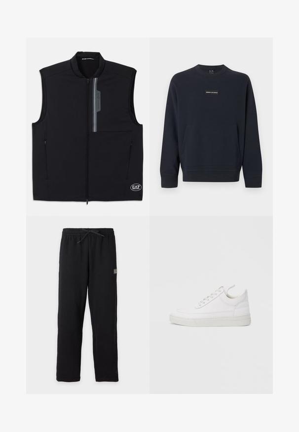 Schwarze ärmellose Weste aus leichtem Material, mit einem Frontreißverschluss, zwei seitlichen Taschen und einem reflektierenden Akzent mit Logo.; Schwarzer Langarm-Sweatshirt mit Rundhalsausschnitt, vorderer Kängurutasche und kleinem Armani Exchange Logo-Patch mittig auf der Brust.; Schwarze Sweatpants mit elastischem Bund und Kordelzug, mit einem kleinen rechteckigen EA7-Logo auf dem oberen linken Oberschenkel.; Weißer Ledersneaker mit abgerundetem Zehenbereich, flacher Sohle und Schnürverschluss. Verfügt über Nahtdetails und einen gepolsterten Kragen für zusätzlichen Komfort.