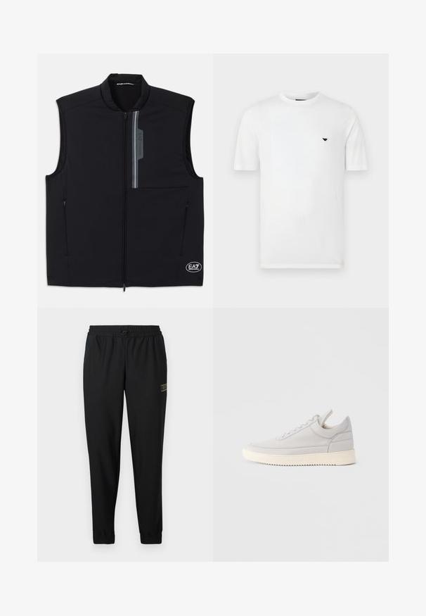 Schwarze ärmellose Weste aus leichtem Material, mit einem Frontreißverschluss, zwei seitlichen Taschen und einem reflektierenden Akzent mit Logo.; Weißes Baumwoll-T-Shirt mit rundem Ausschnitt und kurzen Ärmeln. Auf der linken Brust ein kleines schwarzes Logo. Glatte Textur, legere Passform.; Schwarze Sporthose aus strukturiertem Stoff, mit elastischem Bund, Kordelzug, zulaufenden Beinen und einem kleinen goldenen Logo auf der linken Seite.; Hellgrauer Ledersneaker mit strukturierten Seiten, Schnürung vorne und cremefarbener Gummisohle. Verfügt über eine glatte Zehenkappe und minimalistische Designdetails.