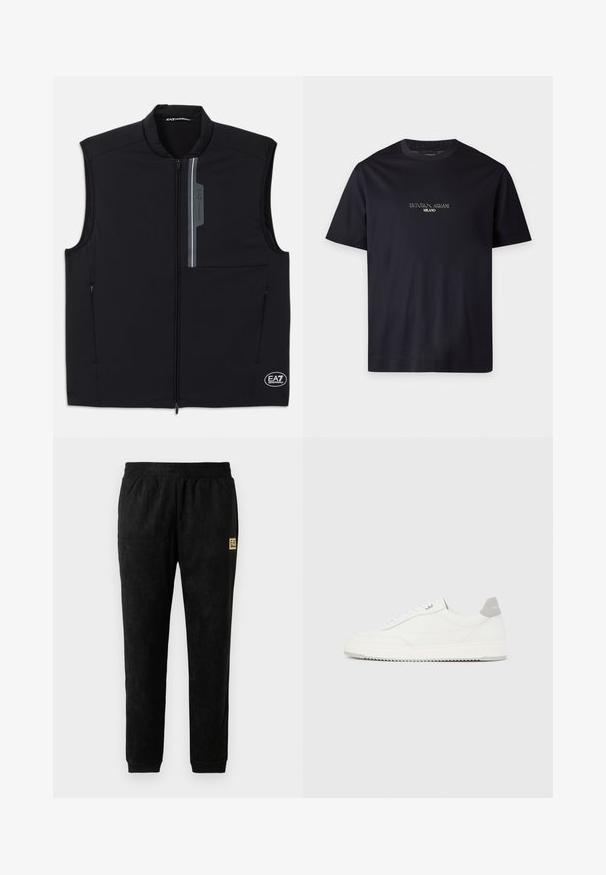 Schwarze ärmellose Weste aus leichtem Material, mit einem Frontreißverschluss, zwei seitlichen Taschen und einem reflektierenden Akzent mit Logo.; Schwarzes Kurzarm-T-Shirt mit Rundhalsausschnitt und dem Text "EMPORIO ARMANI MILANO", zentriert auf der Brust in kleiner weißer Schrift.; Schwarze Velours-Jogginghosen mit elastischem Bund, gerippten Knöcheln, seitlichen Taschen und kleinem beigefarbenen EA7 Emporio Armani Logo-Aufnäher an der Oberschenkelseite.; Weißer Sneaker mit niedrigem Schaft, grauem Fersenlaschen, weißen Schnürsenkeln und einer strukturierten Sohle, dargestellt vor einem schlichten hellen Hintergrund.
