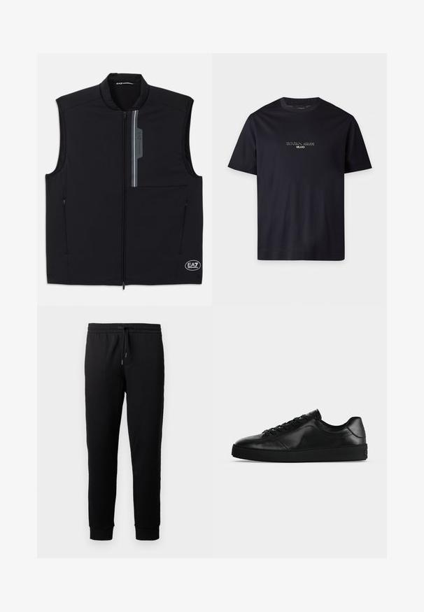 Sort ærmeløs vest lavet af letvægtsstof, med en frontlynlås, to sidelommer og en reflekterende detalje med et logo.; Sort T-shirt med korte ærmer og rund halsudskæring med teksten "EMPORIO ARMANI MILANO" centreret på brystet i lille hvid skrift.; Sorte joggingbukser lavet af blødt stof med elastisk livvidde og snøre. Har tapered ben med ribbede manchetter.; Svært lavprofileret sort lædersneaker med snørebånd foran og tekstureret flad sål, vist fra siden på en neutral baggrund.