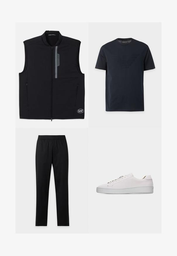 Schwarze ärmellose Weste aus leichtem Material, mit einem Frontreißverschluss, zwei seitlichen Taschen und einem reflektierenden Akzent mit Logo.; Schwarzes T-Shirt mit kurzen Ärmeln und Rundhalsausschnitt, mit einem dezenten, erhabenen Adler-Logo auf der Brust und einem Markenetikett innen im Kragen.; Schwarze, gerade Hose mit elastischem Bund, ohne sichtbare Taschen oder Muster, flach auf hellem Hintergrund dargestellt.; Weißer Sneaker aus Leder im Low-Top-Stil mit weißen Schnürsenkeln, flacher strukturierter Gummisohle und minimaler Naht, von der Außenseite auf weißem Hintergrund gezeigt.