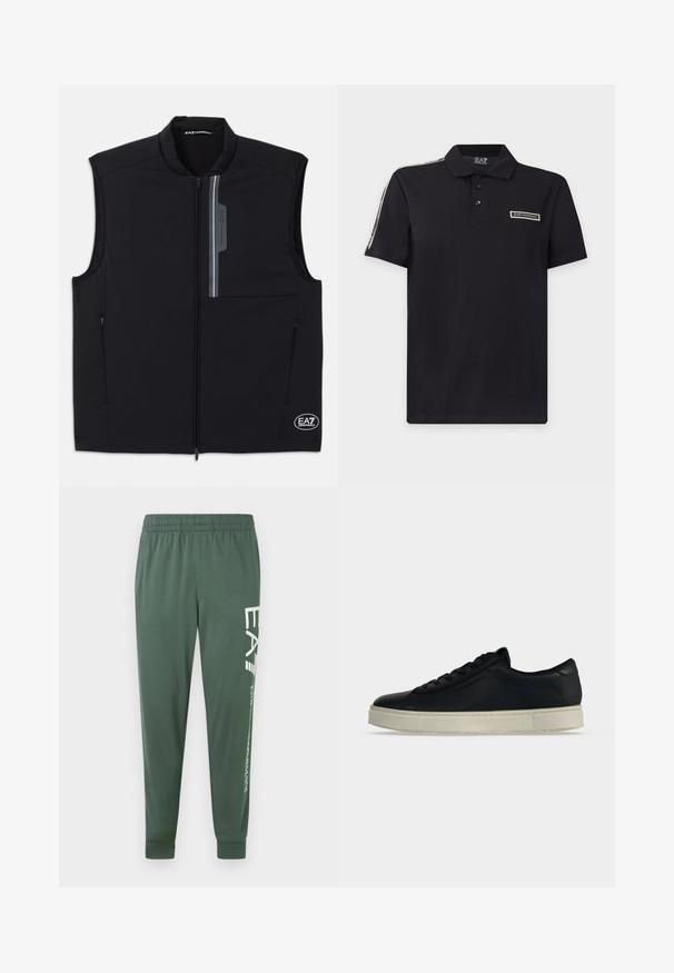 Schwarze ärmellose Weste aus leichtem Material, mit einem Frontreißverschluss, zwei seitlichen Taschen und einem reflektierenden Akzent mit Logo.; Schwarzes kurzärmeliges Poloshirt mit drei Knöpfen, EA7 Emporio Armani Logo auf der Brust und markiertem Band entlang der Schulter.; Grüne Sporthose mit elastischem Bund, verjüngter Form und weißem Logodetail entlang des linken Beins; glatter, leichter Stoff.; Schwarzer niedriger Sneaker mit Schnürdesign und dicker off-white Gummisohle, von der Seite auf schlichtem Hintergrund gezeigt.