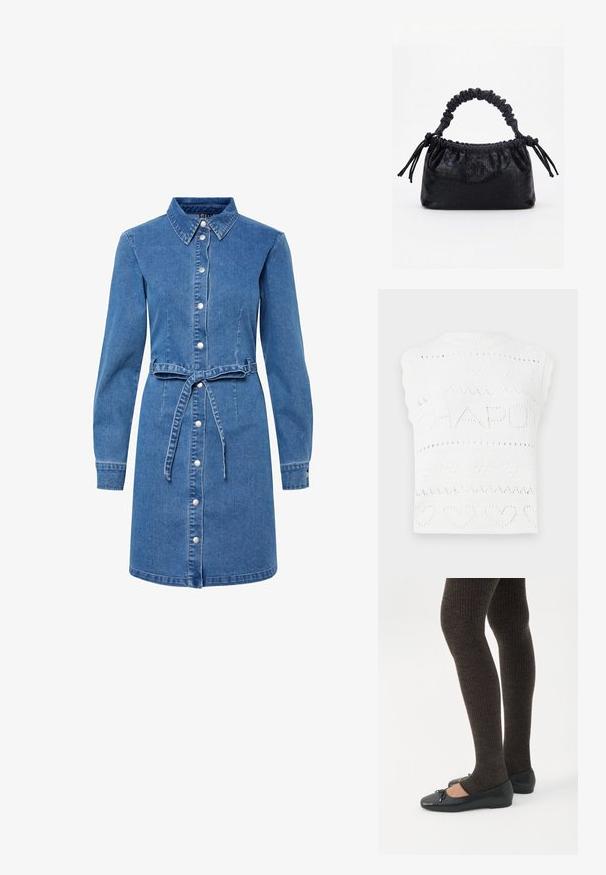 Valge kudumisest ilma varrukateta topp, millel on teksti muster "CHAPOT" koos südame ja teemandi motiividega. Krae on ribatud ja lainelise äärega.; Denimkleit kraega, pikkade varrukatega, ees nupuklõikega ja nööridega vöökohaga. Omab helesinist värvi ja pehmet tekstuuri.; Jalad seljas tumedad soonelises soonelises kombines mustade baleriinadega, millel on väikesed paelade detailid valgel taustal.; Must käekott krokodillinaha tekstuuriga, voltis ülaservaga, kogutud sangaga ja kummipaeladega tutsidega igal küljel valgel taustal.