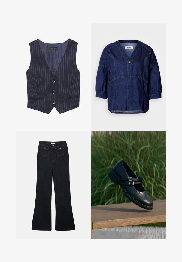 Marine gestreepte gilet met een V-hals, drie zwarte knopen en voorzakken. Gemaakt van soepele stof met een getailleerde pasvorm.; Donkerblauwe denim jack met een V-hals, wijde mouwen en gathered manchetten. Voorzien van contrasterende stiksels en een enkele voorknoopdecoratie.; Flared donkerdenim jeans met een hoge taille, twee voorzakken en oranje stiksels. Het materiaal lijkt stevig en glad.; Zwarte leren Mary Jane-schoen met dubbele gespsluitingen en brogue-details, zwevend boven een houten bankje met groene grasachtergrond.