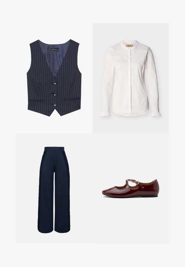 Marine gestreepte gilet met een V-hals, drie zwarte knopen en voorzakken. Gemaakt van soepele stof met een getailleerde pasvorm.; Witte blouse met lange mouwen, bandkraag, verborgen knopenlijst, subtiele verticale strepen en gerimpelde manchetten, weergegeven op een effen achtergrond.; Marineblauwe wijde broek met hoge tailleband en kanten inzetstukken die aan de buitenkant van beide pijpen lopen.; Glanzende bordeauxrode Mary Jane platte schoen met een T-strap en gouden gesp op een effen lichte achtergrond.