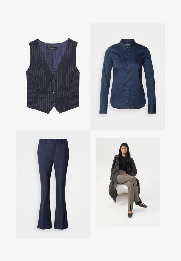 Marine gestreepte gilet met een V-hals, drie zwarte knopen en voorzakken. Gemaakt van soepele stof met een getailleerde pasvorm.; Navy blauwe lange mouw shirt met een knoopsluiting aan de voorkant, puntige kraag en manchetten. Glad textuur met een getailleerd ontwerp en rechte zoom.; Mos Mosh CARIE - Broek - maritime blue; Zwarte leren trenchcoat, zwart shirt, beige high-waisted broek, zwarte vierkante schoenen met een zilveren gesp, zittend op een witte stoel.