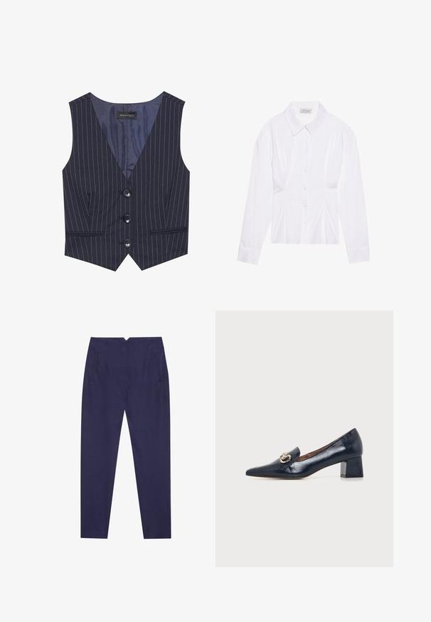 Marine gestreepte gilet met een V-hals, drie zwarte knopen en voorzakken. Gemaakt van soepele stof met een getailleerde pasvorm.; Witte blouse met lange mouwen en een klassieke kraag, met een sluiting aan de voorkant met knopen en geplooide details aan de zijkant. Glad materiaal met een getailleerde pasvorm.; Anna Field by Zalando Broek - navy; Dames schoen in marineblauw lakleer met lage blokhak, spitse neus en gouden kettingdetail op de wreef.
