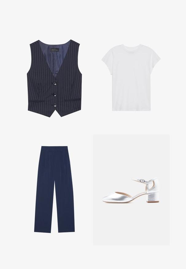 Gilet rayé marine avec un col en V, trois boutons noirs et des poches avant. Fabriqué en tissu lisse avec une coupe ajustée.; T-shirt blanc à manches courtes, col rond, coupe décontractée, en tissu de coton doux. Texture lisse, sans motifs ni logos.; Pantalons larges bleu marine en tissu doux, dotés de pliures à l'avant, d'une texture lisse et d'une coupe droite sans poches visibles.; Bottines argentées métalliques à petit talon avec bride de cheville, en forme d'amande, texture lisse et talon carré.