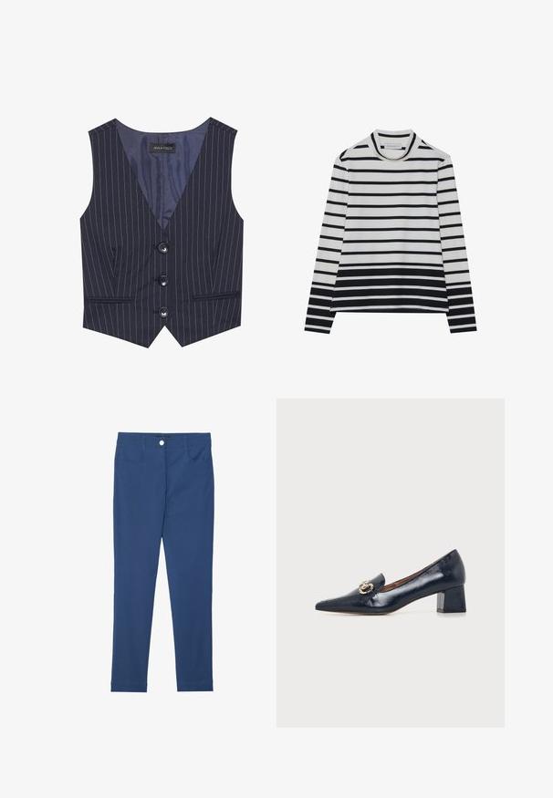 Gilet rayé marine avec un col en V, trois boutons noirs et des poches avant. Fabriqué en tissu lisse avec une coupe ajustée.; T-shirt à manches longues en coton, présentant des rayures horizontales noires et blanches, un col montant haut et une coupe décontractée avec des fentes sur les côtés.; Pantalons slim-fit bleus en mélange de coton, dotés d'un bouton frontal, d'une fermeture éclair, de deux poches et d'une texture lisse et propre.; Chaussure femme en cuir verni bleu marine, talon bloc bas, bout pointu et détail chaîne dorée sur le dessus.