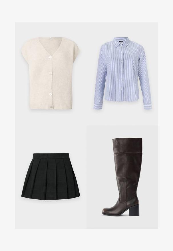 Cardigan en tricot beige à manches courtes avec décolleté en V et quatre boutons blancs sur le devant, présenté sur un fond uni.; Chemise à manches longues boutonnée, avec des rayures verticales blanches et bleu clair et un col pointu, présentée sur un fond uni.; Jupe plissée noire en tissu texturé. Dispose d'une taille et d'un léger motif écossais tout au long. Longueur courte avec des plis superposés.; Botte en cuir marron hauteur genou avec un bout rond et un talon empilé. Présente une texture lisse et des coutures latérales.