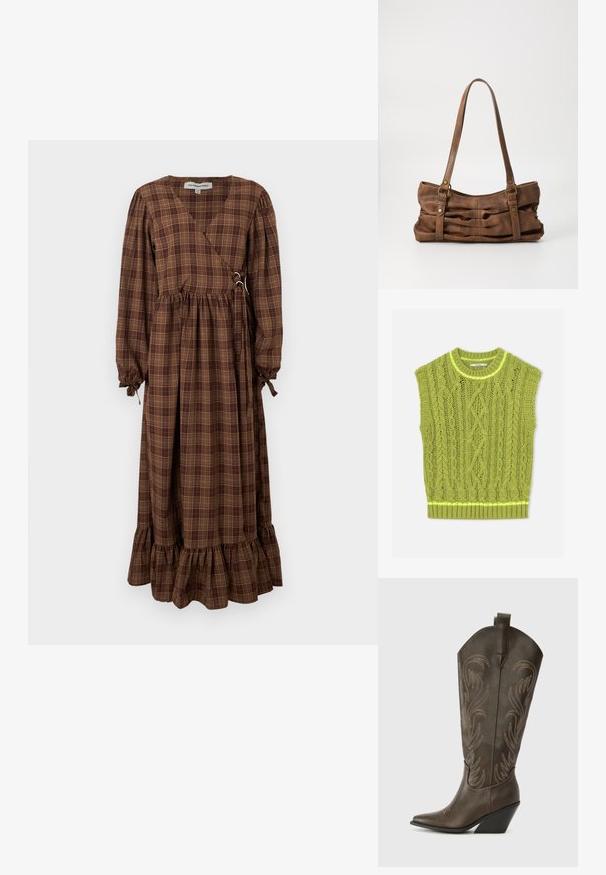 Pull sans manches vert en maille torsadée avec col rond et ourlet côtelé posé à plat sur fond blanc.; Robe longue à carreaux marron avec un design portefeuille, des manches ballon et un ourlet à volants. Confectionnée dans un tissu léger avec des détails de lien ajustables.; Botte de cowboy en cuir marron avec un embout pointu, un talon compensé et des broderies décoratives. Dispose d'un long tige et d'une languette de tirage.; Even&Odd Sac à main - brown