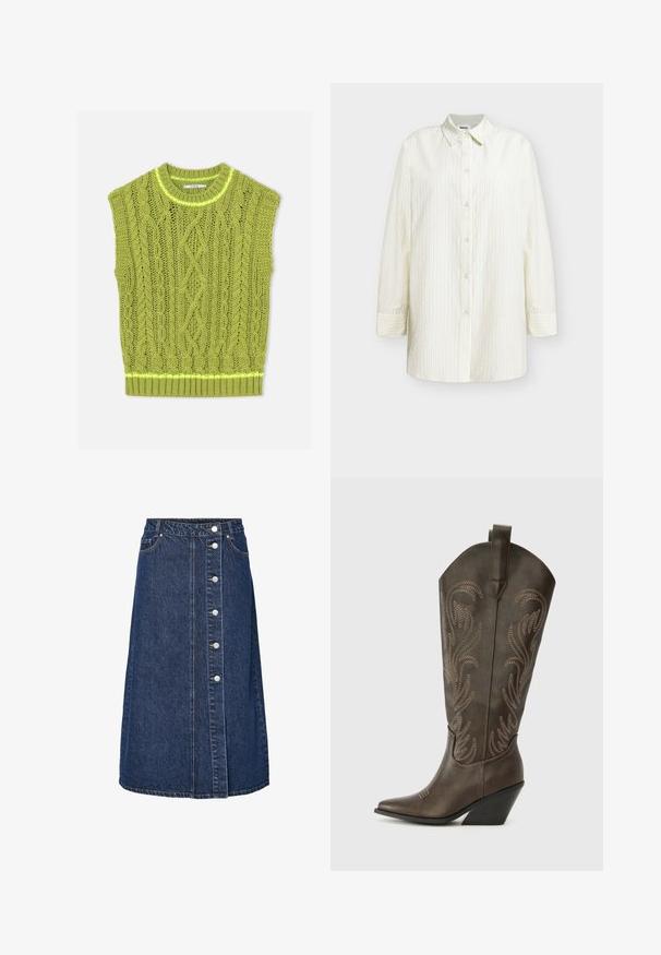 Pull sans manches vert en maille torsadée avec col rond et ourlet côtelé posé à plat sur fond blanc.; Chemise blanche à manches longues avec fines rayures verticales et col pointu, présentée à plat sur fond blanc.; Jupe en denim à taille haute, fermeture par boutons à l'avant, et deux poches latérales. Couleur bleu foncé, coupe droite, avec détail de couture visible.; Botte de cowboy en cuir marron avec un embout pointu, un talon compensé et des broderies décoratives. Dispose d'un long tige et d'une languette de tirage.