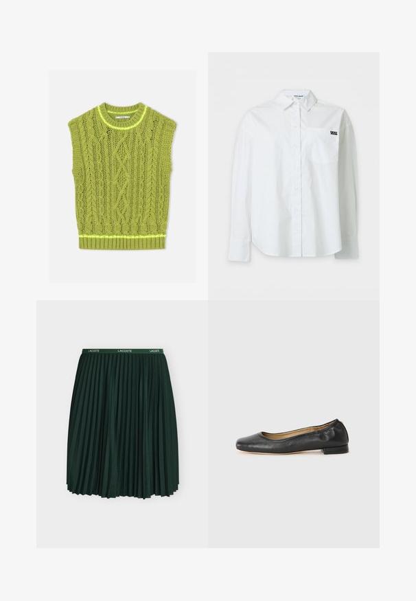 Pull sans manches vert en maille torsadée avec col rond et ourlet côtelé posé à plat sur fond blanc.; Chemise blanche à manches longues boutonnée avec col et poche poitrine affichant le logo noir "DKNY JEANS" sur un fond uni.; Jupe plissée vert foncé avec une ceinture élastique comportant des logos blancs Lacoste, présentée sur un fond clair uni.; Ballerines en cuir noir avec un bout arrondi et des coutures minimales. Talon bas et rectangulaire avec une texture lisse. Détails subtils de doublure intérieure.