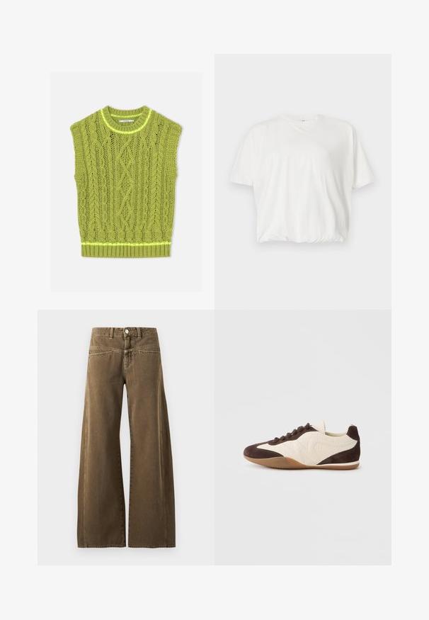 Pull sans manches vert en maille torsadée avec col rond et ourlet côtelé posé à plat sur fond blanc.; T-shirt blanc à manches courtes et coupe ample, avec encolure ronde et ourlet élastiqué, présenté sur un fond gris clair.; Pantalon marron taille haute à jambes larges avec bouton devant, passants de ceinture, et coutures visibles sur fond clair.; Baskets marron et crème présentant un mélange de matériaux texturés et lisses, profil bas, design à lacets, et semelle en caoutchouc.