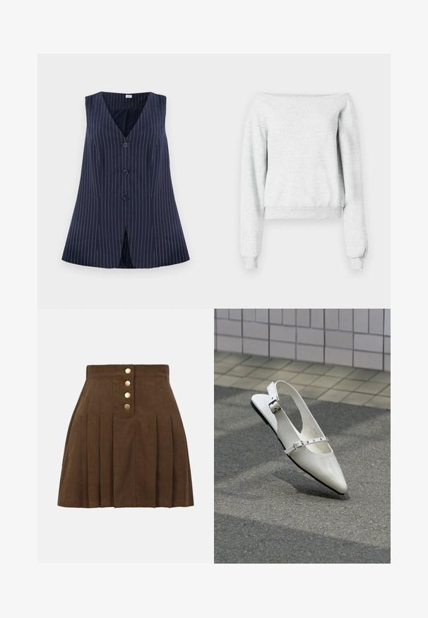 Gilet marine à rayures blanches, décolleté en V, cinq boutons sur le devant, et un design évasé avec une fente en bas.; Sweatshirt gris avec un design décolleté, manches longues et poignets côtelés. Fabriqué en tissu doux avec un ourlet court.; Jupe plissée en velours côtelé marron avec taille haute et quatre boutons dorés au centre devant.; Chaussure plate slingback blanche pointue avec deux boucles argentées, présentée en extérieur sur un sol texturé et un mur carrelé en arrière-plan.
