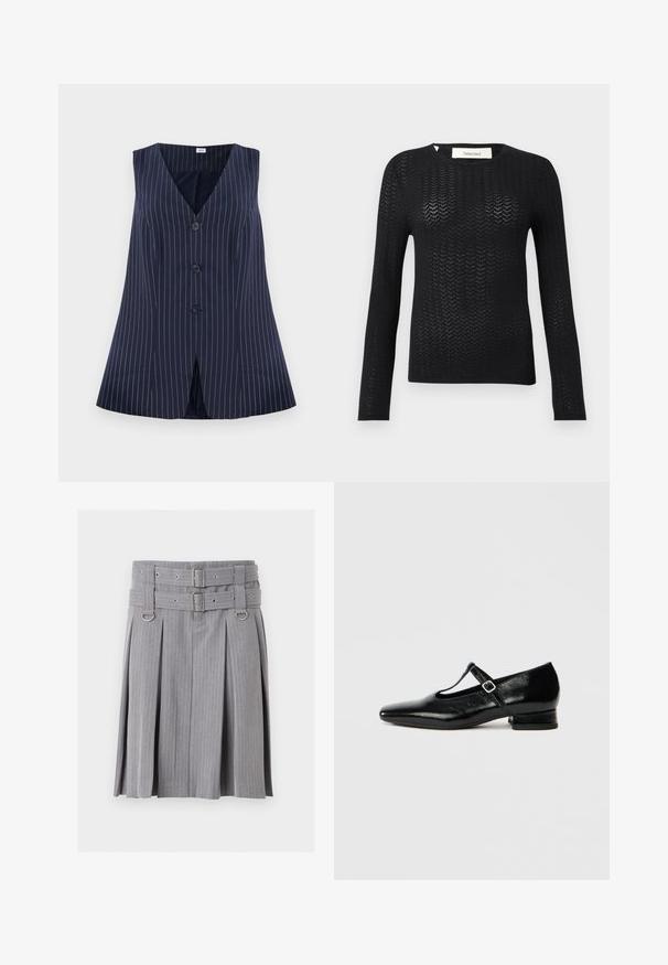 Marine vest med hvide striber, v-udskæring, fem knapper foran og en flared design med en slids i bunden.; Sort langærmet strikbluse med et chevron åbent mønster og rund hals, mærket "Selected" indeni kraven.; Grå plisseret nederdel med striber med dobbelt bælte og sølvspænder, med D-ring detaljer ved taljen.; Sorte Mary Jane-sko i læder med spids tå, lille blokhæl og justerbar rem med sølvspænde. Glat, blank tekstur.