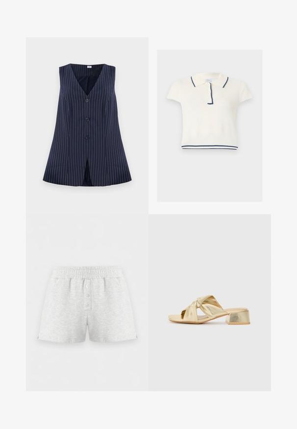 Gilet marine à rayures blanches, décolleté en V, cinq boutons sur le devant, et un design évasé avec une fente en bas.; Polo en maille blanche à manches courtes avec bordure marine sur le col, la patte de boutonnage et l'ourlet, présentant une texture côtelée.; Shorts en coton gris clair avec taille élastique et trois boutons blancs alignés au centre devant, présentés sur fond blanc.; Sandales à enfiler en cuir doré avec un design en avant noué et un talon carré épais. Texture lisse avec une finition métallique.