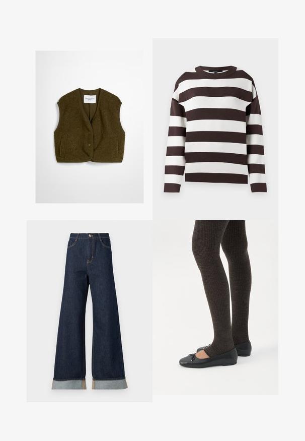 Olivengrøn vest lavet af fluffy stof, med rund halsudskæring, frontknapper og to sidelommer. Blød tekstur uden ærmer.; Brun og hvid stribet sweater, rund halsudskæring, strikket tekstur, brede horisontale striber, afslappet pasform med droppede skuldre.; Bredde ben mørk denim jeans med orange syninger, med høj talje, to forlommer og opbrettede manchetter, der viser et lysblåt kontraststof.; Ben iført mørke ribbede leggings kombineret med sorte balletsko med små sløjfedetaljer på hvid baggrund.