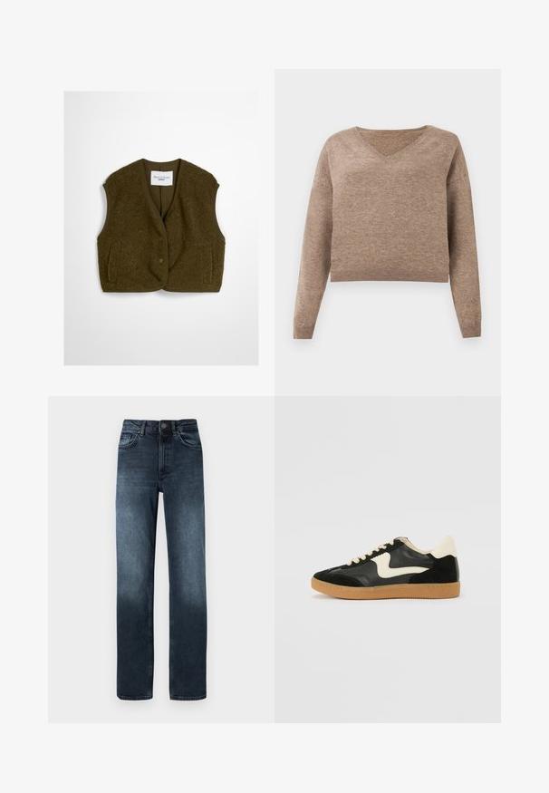 Olijfgroen vest gemaakt van fluffy stof, met een ronde halslijn, voortknopen en twee zijzakken. Zachte textuur zonder mouwen.; Lichtbruin gebreid sweater met een V-hals, lange mouwen en geribbelde zoom. Zachte textuur met een iets korter ontwerp en geen zichtbare patronen.; Donkerblauwe spijkerbroek met een rechte pasvorm, vijf zakken en een knoopsluiting aan de voorkant. Kenmerkt vervagingsdetails bij de zoom.; Zwarte suède en leren sneaker met een crèmekleurige zij-swoosh en lichte crèmekleurige hiel. Voorzien van beige veters en een gumrubberen zool.