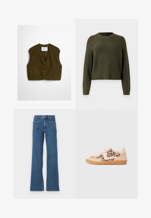 Olivengrøn vest lavet af fluffy stof, med rund halsudskæring, frontknapper og to sidelommer. Blød tekstur uden ærmer.; Olivengrøn strikket sweater med rund halsudskæring, ribbet kant og lange ærmer med en afslappet pasform. Fremstillet af blødt tekstureret stof.; Blå denim brede ben jeans med høj talje, fem lommer, frontknaplukning og en let falmet finish. Syede kanter og sømme er synlige.; Leopardprint sneakers med beige ruskindsoverdel, tan gummisål og hvide detaljer. Rund pegefinger og snørebåndsdesign med en tekstureret finish.
