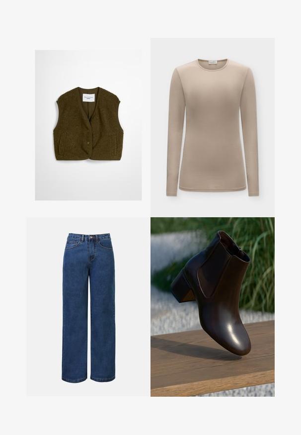 Olijfgroen vest gemaakt van fluffy stof, met een ronde halslijn, voortknopen en twee zijzakken. Zachte textuur zonder mouwen.; Beige longsleeve met ronde hals, een slim fit en gladde stof, getoond tegen een effen achtergrond.; Donkerblauwe denim wijde jeans met hoge taille, voorzien van een knoopsluiting, riemlussen en voor- en achterzakken. Glad textuur.; Bruine leren enkelboot met een ronde neus en een lage blokhak, voorzien van elastische zijpanelen en een gladde, glanzende afwerking.