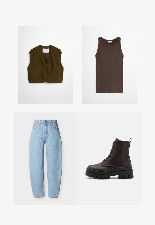 Olive roheline vest, mis on valmistatud pehmest kangast, ümara kaelusega, esikinnitusnuppudega ja kahe küljetaskuga. Pehme tekstuur, ilma varrukateta.; Tumepruun, varrukateta, keha ympäriv tihe top ümmarguse kaelusega, eksponeeritud lihtsal heledal taustal.; Helesinised kõrge vöökohaga sirge säärega teksad, ees nupu ja tõmblukuga, vööaasadega ning viie taskuga, sealhulgas väikese münditaskuga.; Pruunid nahast pahkluu saapad ümmarguse varbaga, musta massiivse tald ja nööpide detailidega. Varustatud tagumise silmaga mugavaks jalga panemiseks.